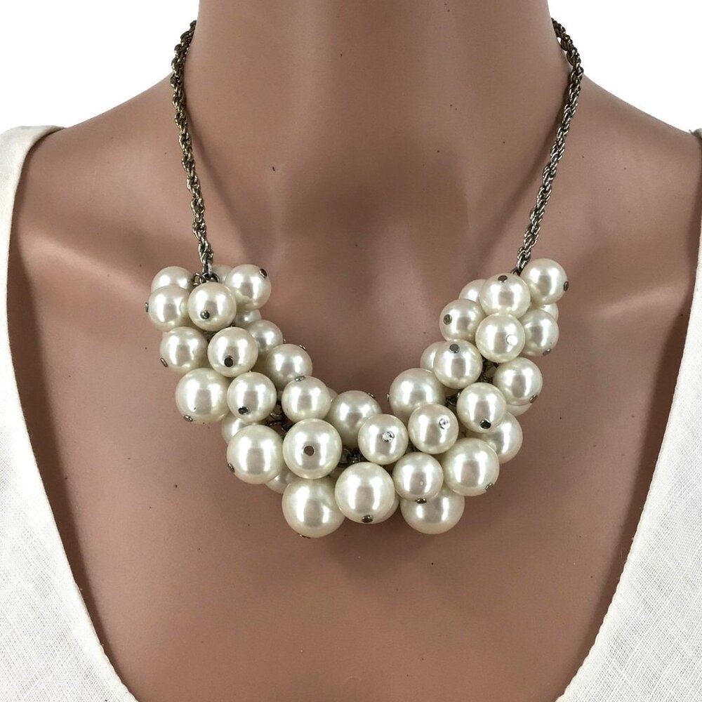 White Faux Pearl Cluster Necklace Silver Tone Chain Adjustable Length